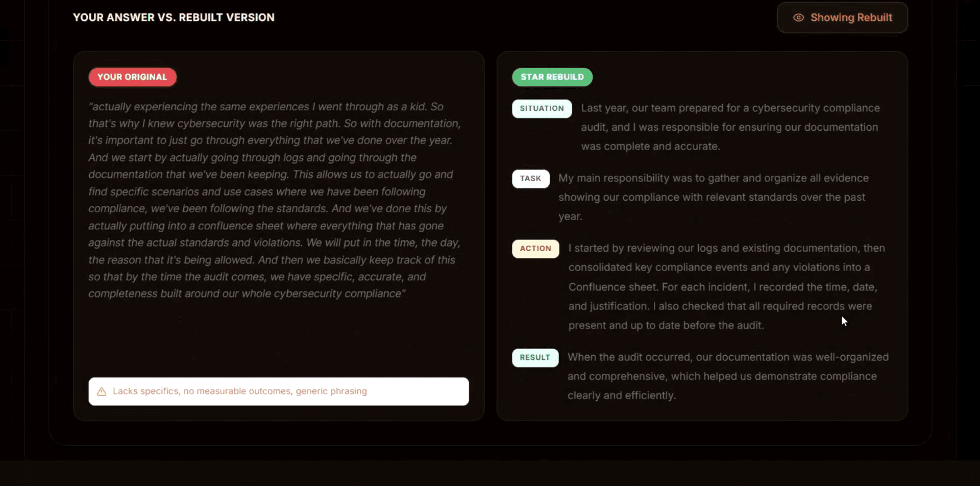 Your answer next to a rebuilt version restructured with the STAR framework.