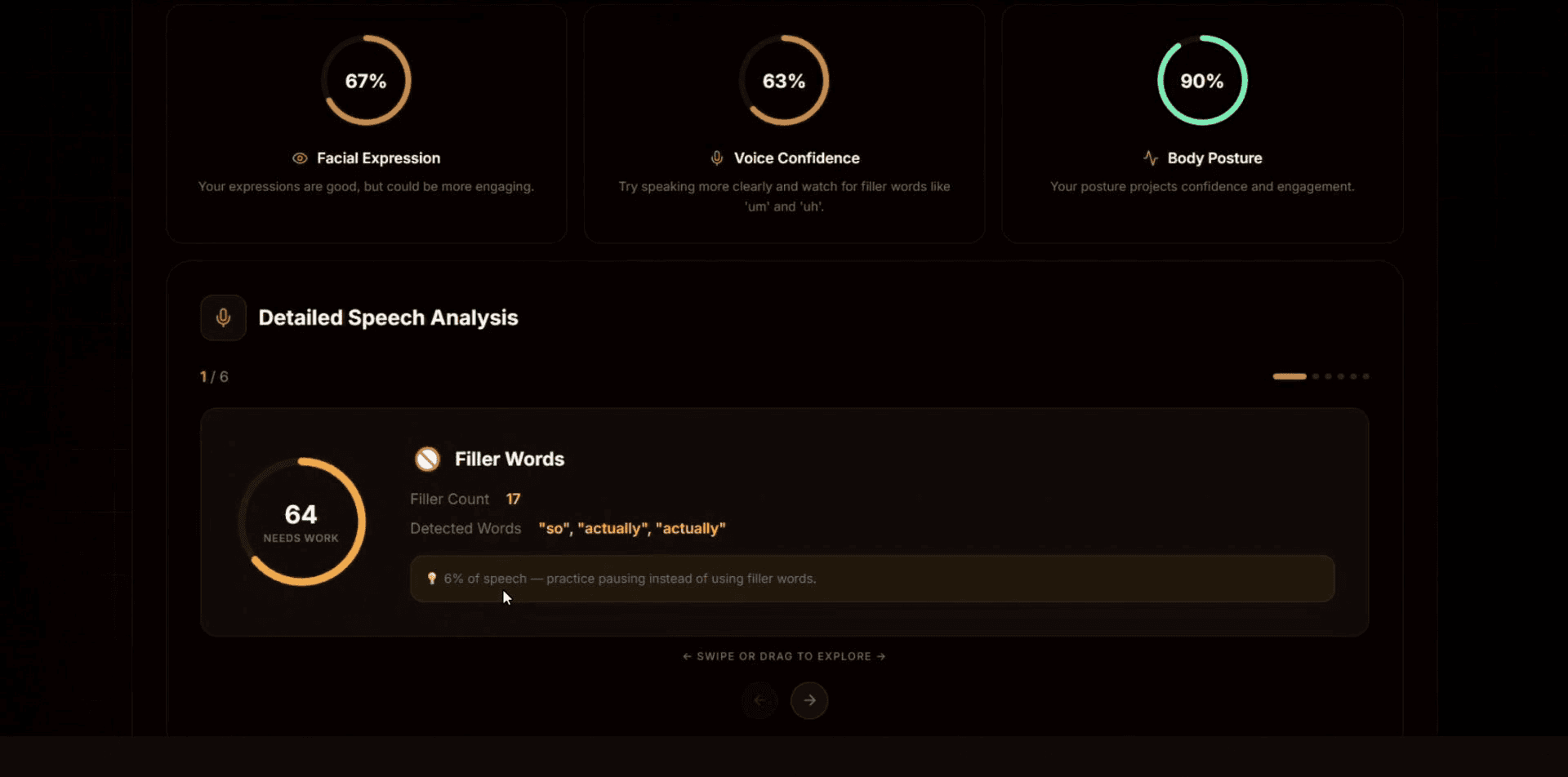 Detailed speech analysis with a filler-word count and the exact words you over-used.